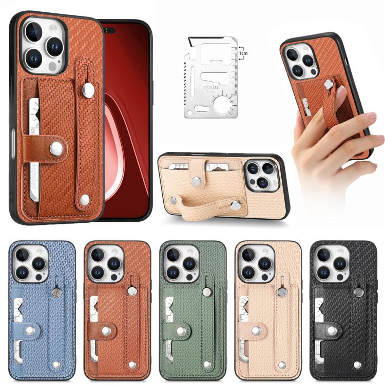 For iPhone 16 Pro Max Wristband Kickstand Card Wallet Back Phone Case with Tool Knife(Khaki) by buy2fix