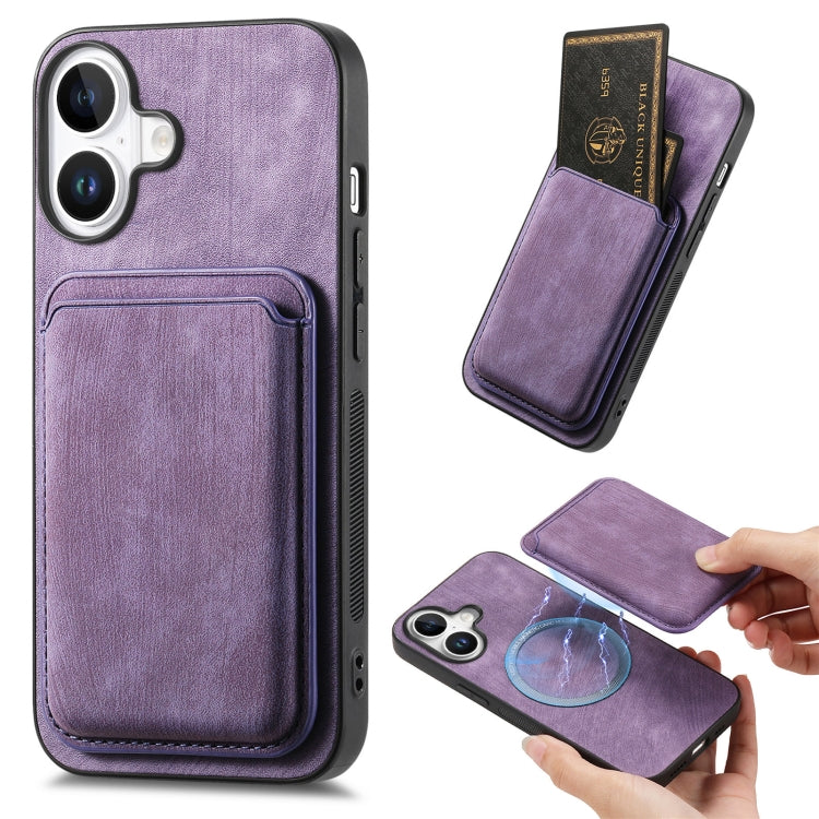 For iPhone 16 Plus Retro Leather Card Bag Magnetic Phone Case(Purple) by buy2fix