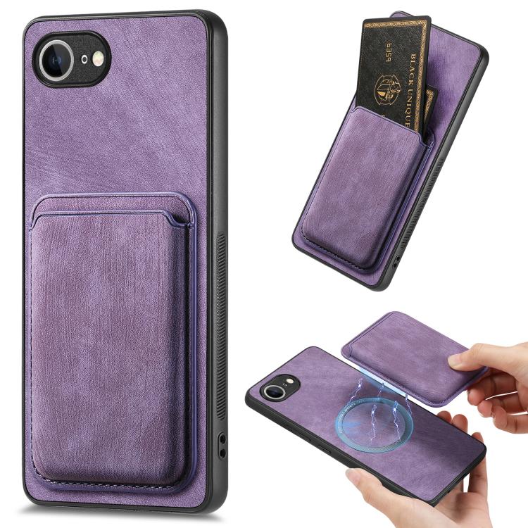 For iPhone 16e Retro Leather Card Bag Magnetic Phone Case(Purple) - iPhone 16e Cases by buy2fix | Online Shopping UK | buy2fix