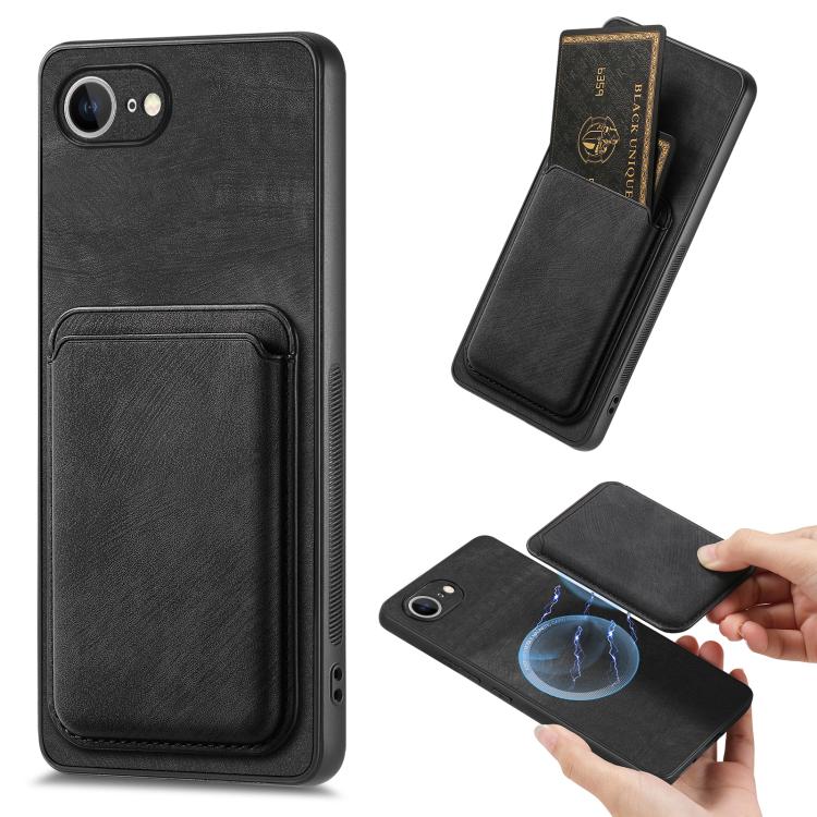 For iPhone 16e Retro Leather Card Bag Magnetic Phone Case(Black) - iPhone 16e Cases by buy2fix | Online Shopping UK | buy2fix