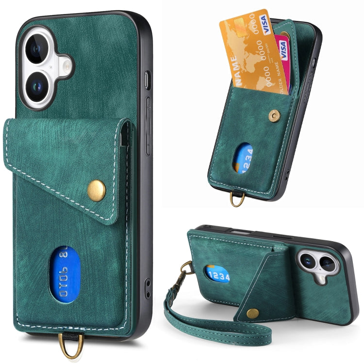 For iPhone 16 Retro Card Wallet Fold Leather Phone Case with Strap(Green) - iPhone 16 Cases by buy2fix | Online Shopping UK | buy2fix