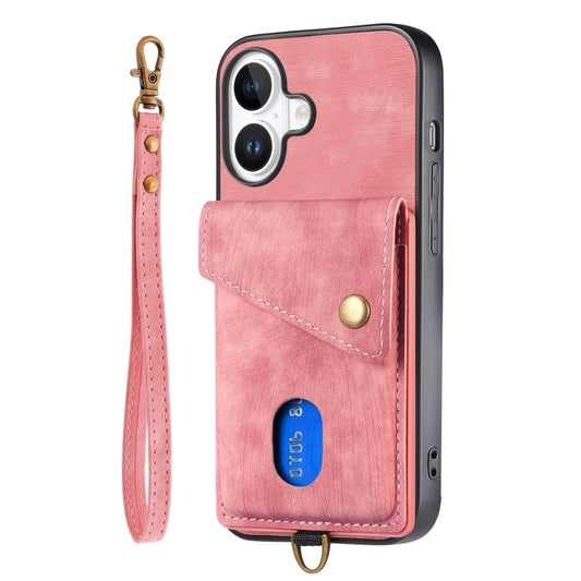 For iPhone 16 Retro Card Wallet Fold Leather Phone Case with Strap(Pink) by buy2fix