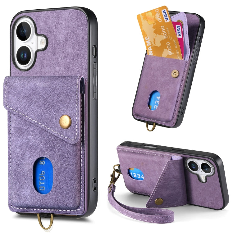 For iPhone 16 Retro Card Wallet Fold Leather Phone Case with Strap(Purple) by buy2fix