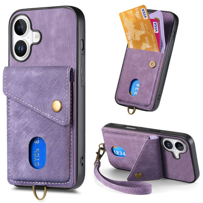 For iPhone 16 Retro Card Wallet Fold Leather Phone Case with Strap(Purple) by buy2fix