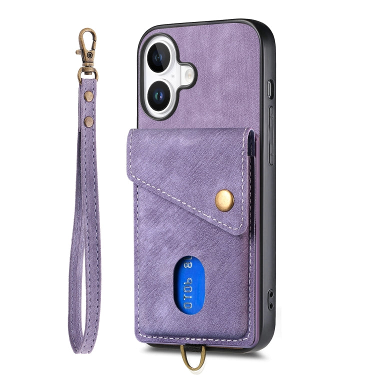 For iPhone 16 Retro Card Wallet Fold Leather Phone Case with Strap(Purple) by buy2fix