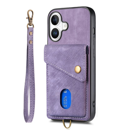 For iPhone 16 Retro Card Wallet Fold Leather Phone Case with Strap(Purple) by buy2fix