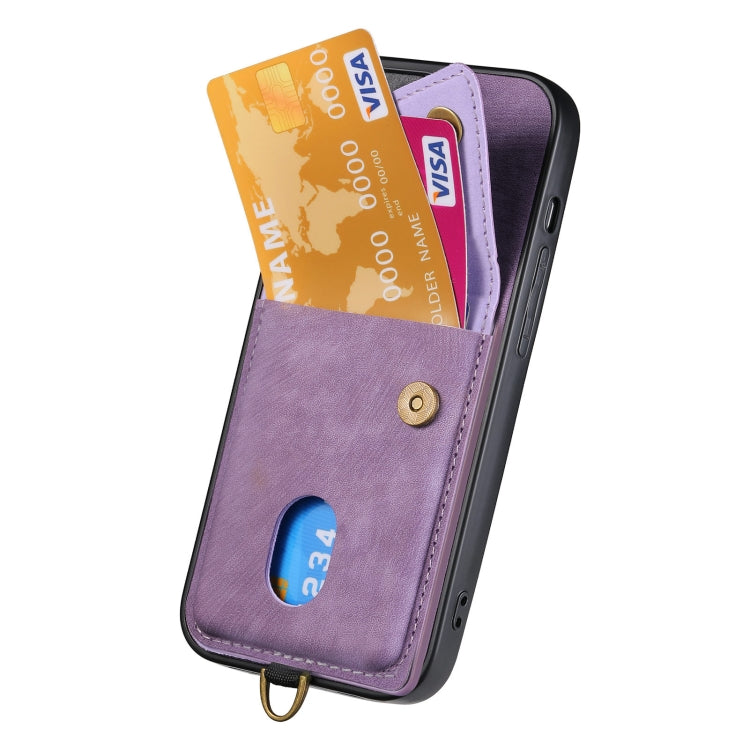 For iPhone 16 Retro Card Wallet Fold Leather Phone Case with Strap(Purple) by buy2fix