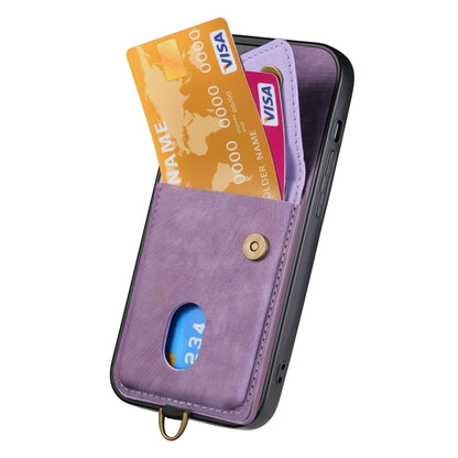 For iPhone 16 Retro Card Wallet Fold Leather Phone Case with Strap(Purple) by buy2fix