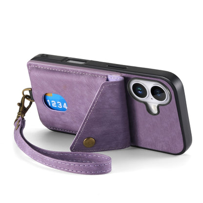 For iPhone 16 Retro Card Wallet Fold Leather Phone Case with Strap(Purple) by buy2fix