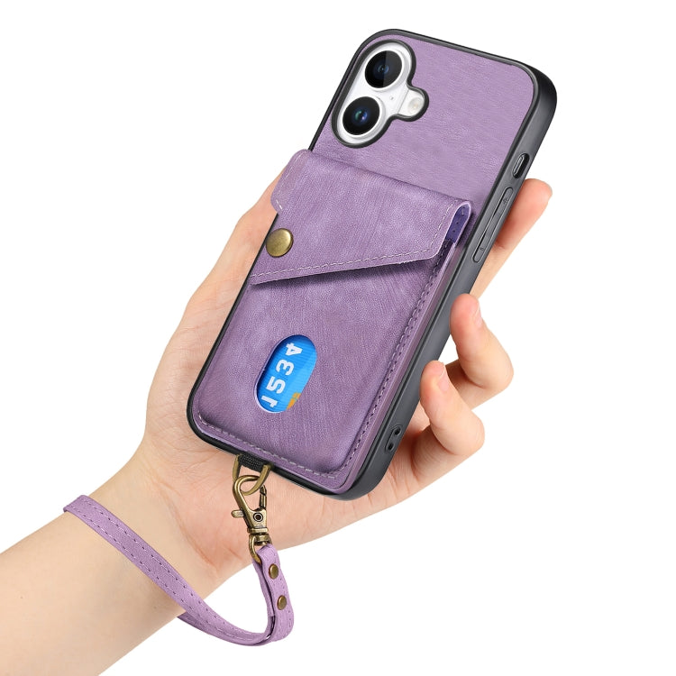 For iPhone 16 Retro Card Wallet Fold Leather Phone Case with Strap(Purple) by buy2fix