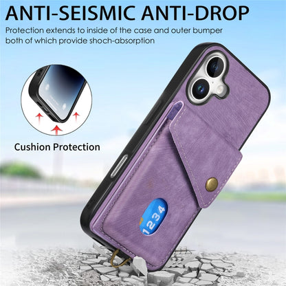 For iPhone 16 Retro Card Wallet Fold Leather Phone Case with Strap(Purple) by buy2fix