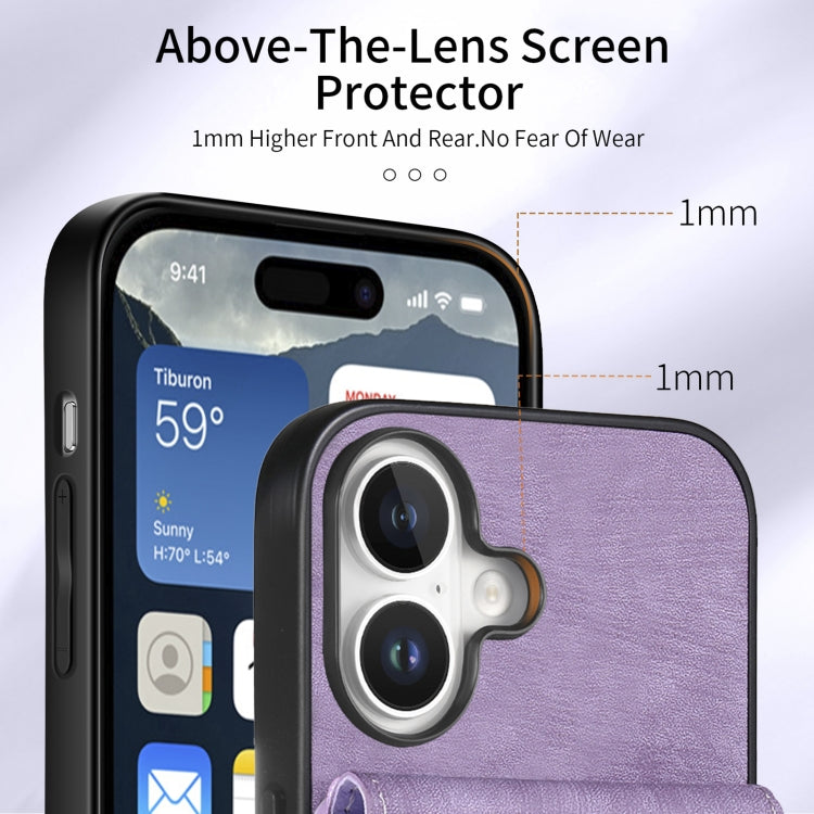 For iPhone 16 Retro Card Wallet Fold Leather Phone Case with Strap(Purple) by buy2fix