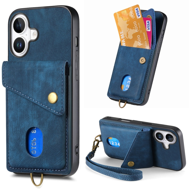 For iPhone 16 Plus Retro Card Wallet Fold Leather Phone Case with Strap(Blue) by buy2fix