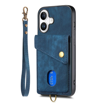 For iPhone 16 Plus Retro Card Wallet Fold Leather Phone Case with Strap(Blue) by buy2fix