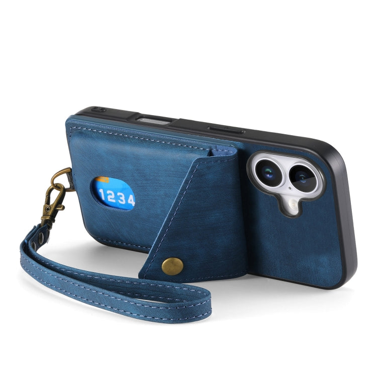 For iPhone 16 Plus Retro Card Wallet Fold Leather Phone Case with Strap(Blue) by buy2fix