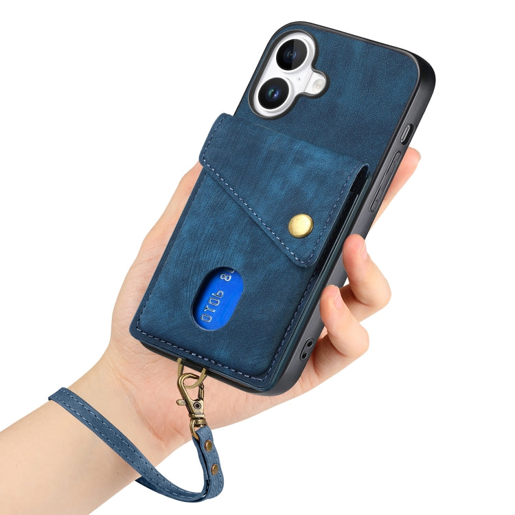 For iPhone 16 Plus Retro Card Wallet Fold Leather Phone Case with Strap(Blue) by buy2fix