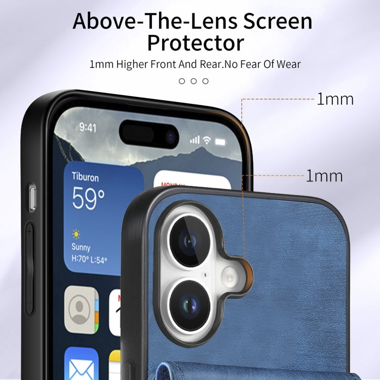 For iPhone 16 Plus Retro Card Wallet Fold Leather Phone Case with Strap(Blue) by buy2fix