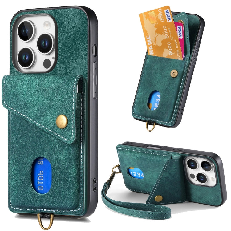 For iPhone 16 Pro Retro Card Wallet Fold Leather Phone Case with Strap(Green) - iPhone 16 Pro Cases by buy2fix | Online Shopping UK | buy2fix