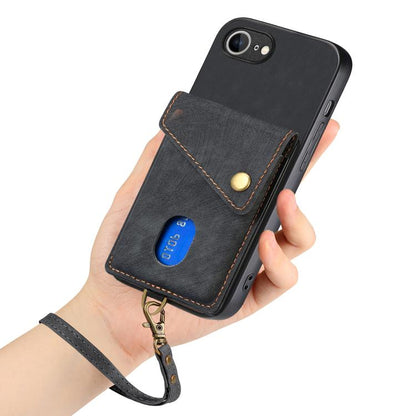 For iPhone 16e Retro Card Wallet Fold Leather Phone Case with Strap(Black) - iPhone 16e Cases by buy2fix | Online Shopping UK | buy2fix