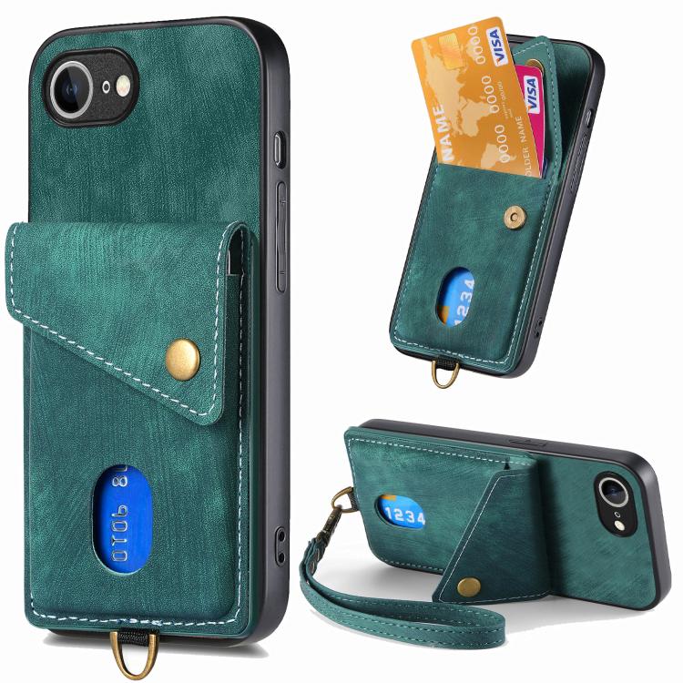 For iPhone 16e Retro Card Wallet Fold Leather Phone Case with Strap(Green) - iPhone 16e Cases by buy2fix | Online Shopping UK | buy2fix