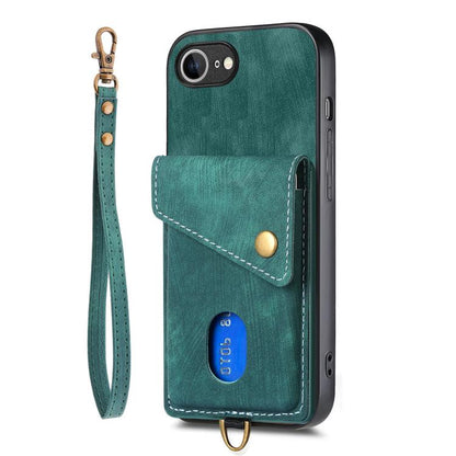 For iPhone 16e Retro Card Wallet Fold Leather Phone Case with Strap(Green) - iPhone 16e Cases by buy2fix | Online Shopping UK | buy2fix