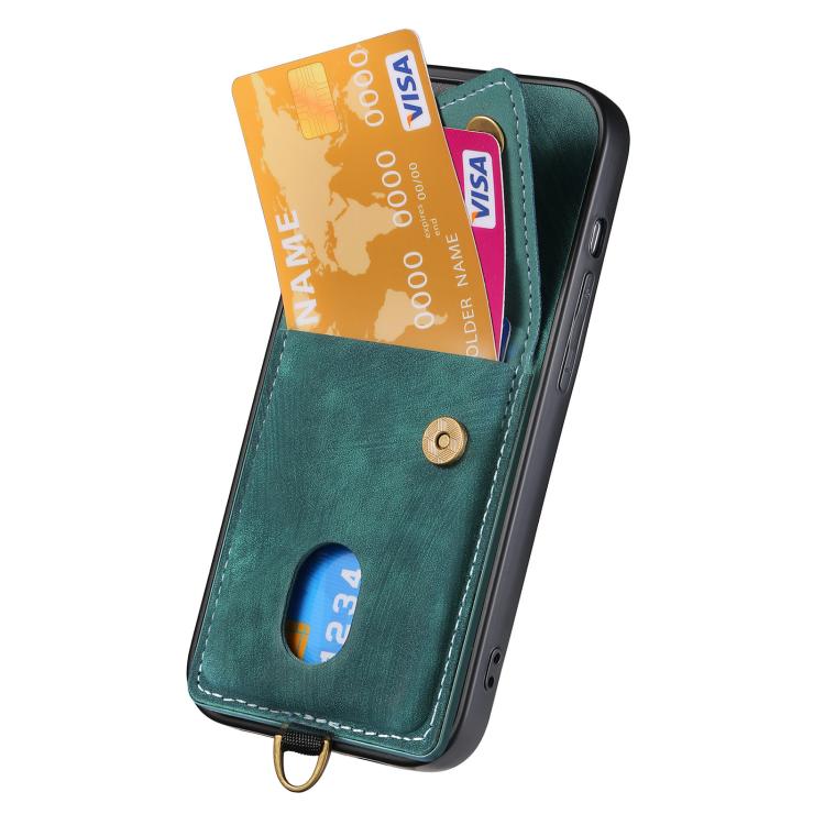 For iPhone 16e Retro Card Wallet Fold Leather Phone Case with Strap(Green) - iPhone 16e Cases by buy2fix | Online Shopping UK | buy2fix
