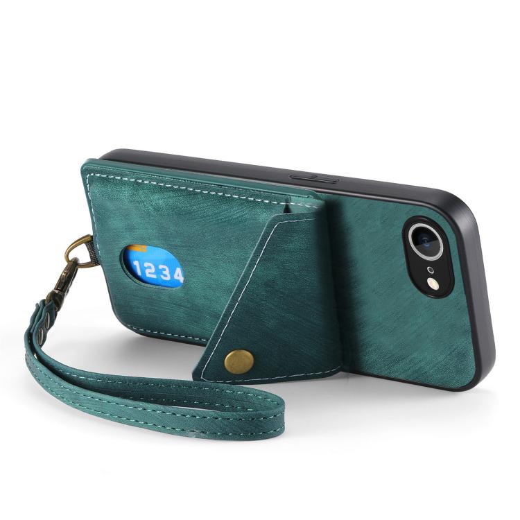 For iPhone 16e Retro Card Wallet Fold Leather Phone Case with Strap(Green) - iPhone 16e Cases by buy2fix | Online Shopping UK | buy2fix