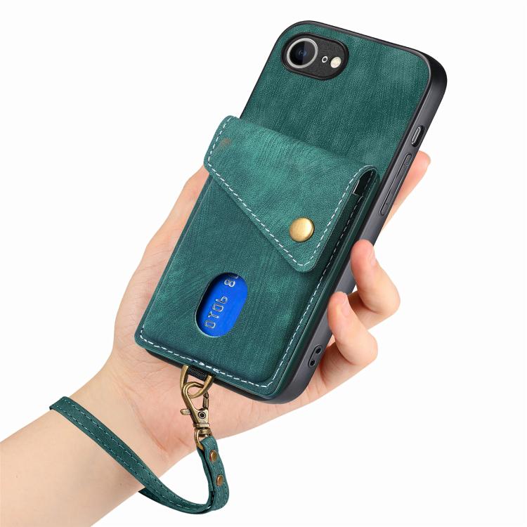 For iPhone 16e Retro Card Wallet Fold Leather Phone Case with Strap(Green) - iPhone 16e Cases by buy2fix | Online Shopping UK | buy2fix