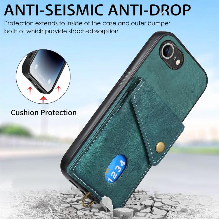 For iPhone 16e Retro Card Wallet Fold Leather Phone Case with Strap(Green) - iPhone 16e Cases by buy2fix | Online Shopping UK | buy2fix