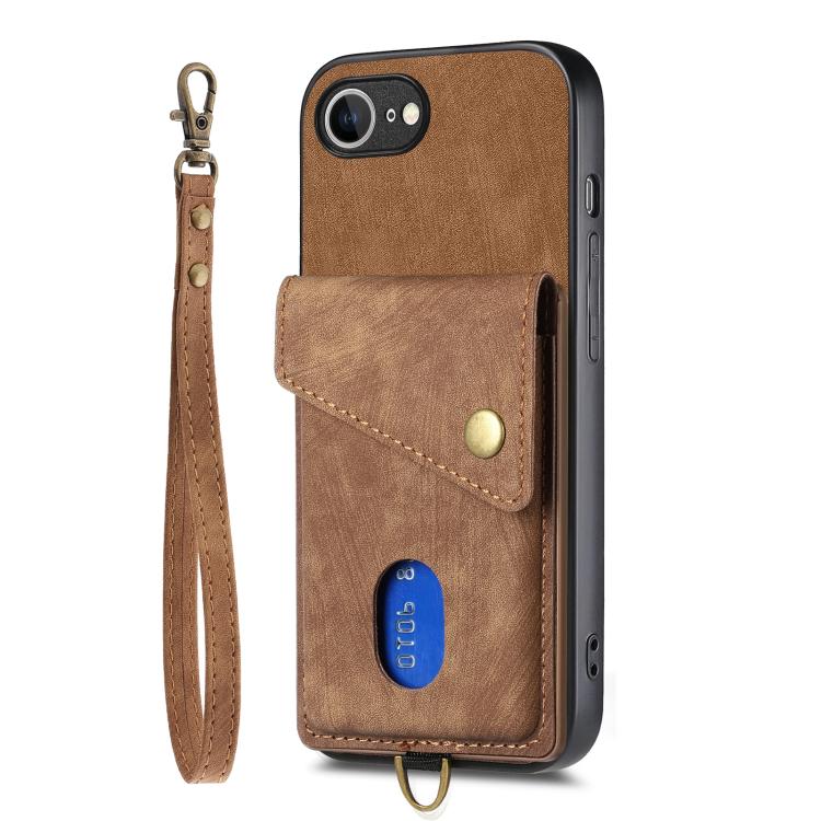 For iPhone 16e Retro Card Wallet Fold Leather Phone Case with Strap(Brown) - iPhone 16e Cases by buy2fix | Online Shopping UK | buy2fix