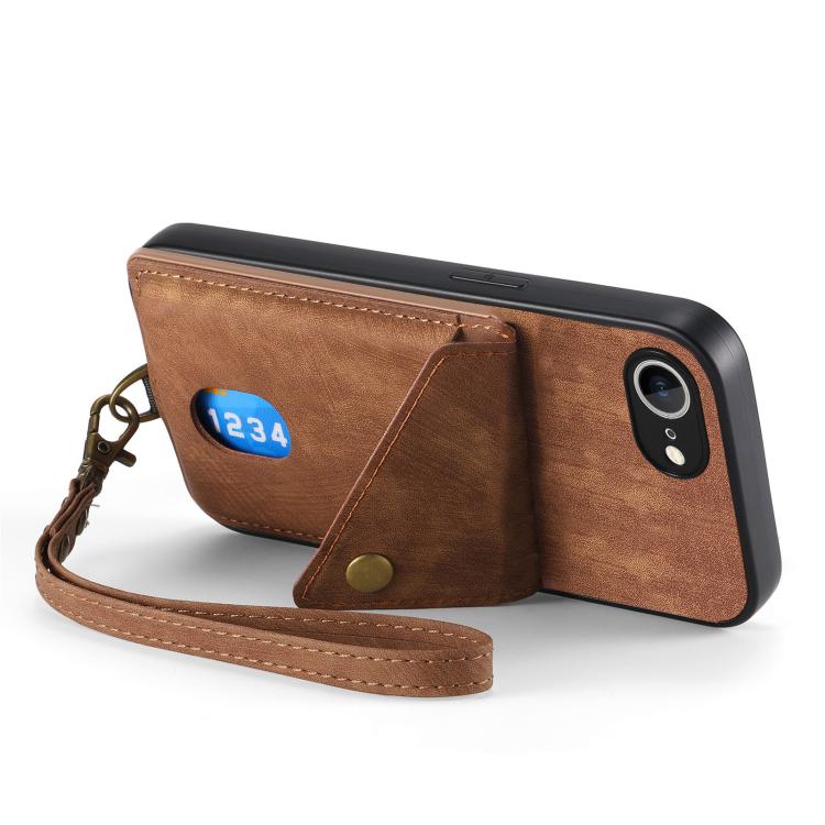 For iPhone 16e Retro Card Wallet Fold Leather Phone Case with Strap(Brown) - iPhone 16e Cases by buy2fix | Online Shopping UK | buy2fix