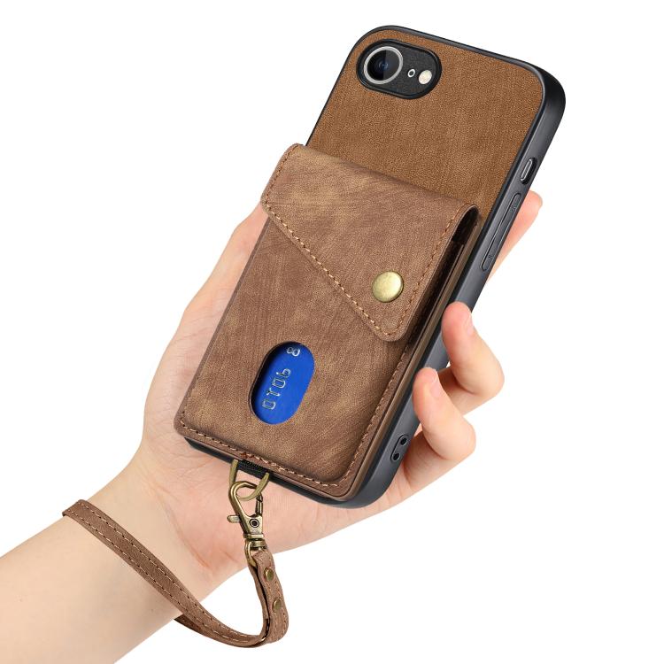For iPhone 16e Retro Card Wallet Fold Leather Phone Case with Strap(Brown) - iPhone 16e Cases by buy2fix | Online Shopping UK | buy2fix