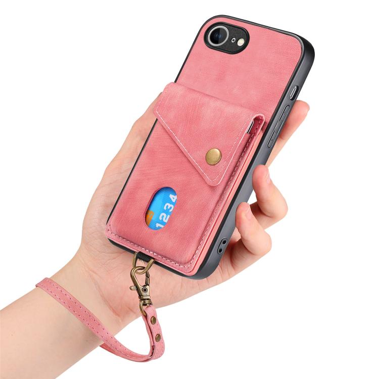 For iPhone 16e Retro Card Wallet Fold Leather Phone Case with Strap(Pink) - iPhone 16e Cases by buy2fix | Online Shopping UK | buy2fix