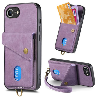 For iPhone 16e Retro Card Wallet Fold Leather Phone Case with Strap(Purple) - iPhone 16e Cases by buy2fix | Online Shopping UK | buy2fix