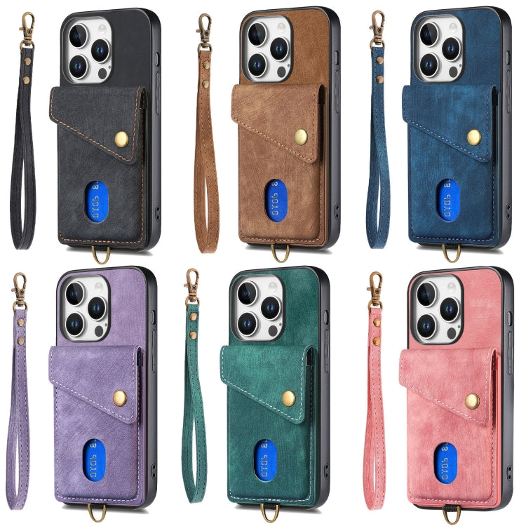 For iPhone 16e Retro Card Wallet Fold Leather Phone Case with Strap(Blue) - iPhone 16e Cases by buy2fix | Online Shopping UK | buy2fix