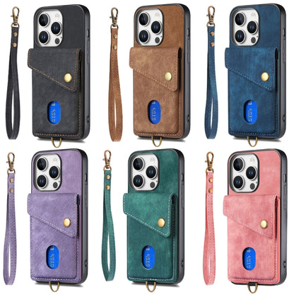 For iPhone 16e Retro Card Wallet Fold Leather Phone Case with Strap(Blue) - iPhone 16e Cases by buy2fix | Online Shopping UK | buy2fix