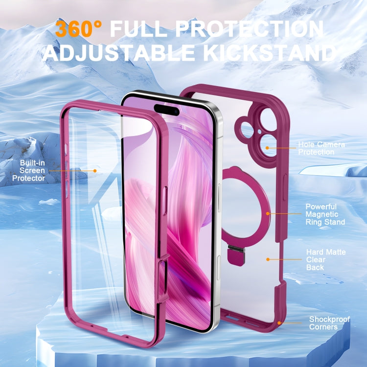 For iPhone 16 Skin Feel MagSafe Holder 360 Full Body Phone Case(Rose Red) - iPhone 16 Cases by buy2fix | Online Shopping UK | buy2fix