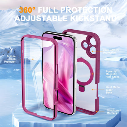 For iPhone 16 Skin Feel MagSafe Holder 360 Full Body Phone Case(Rose Red) - iPhone 16 Cases by buy2fix | Online Shopping UK | buy2fix