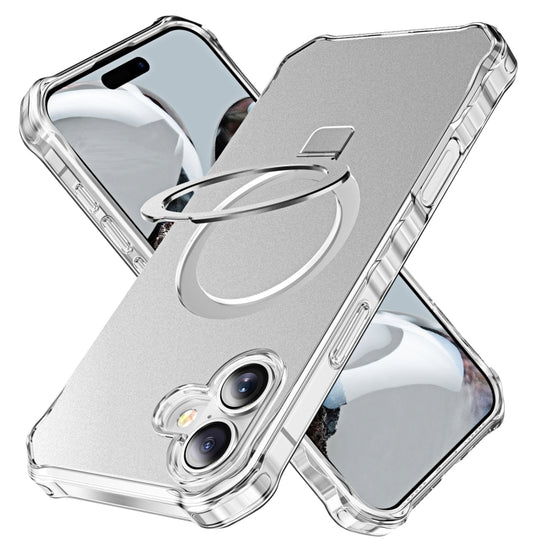 For iPhone 16 Solid Color Wave MagSafe Holder Phone Case(Silver)