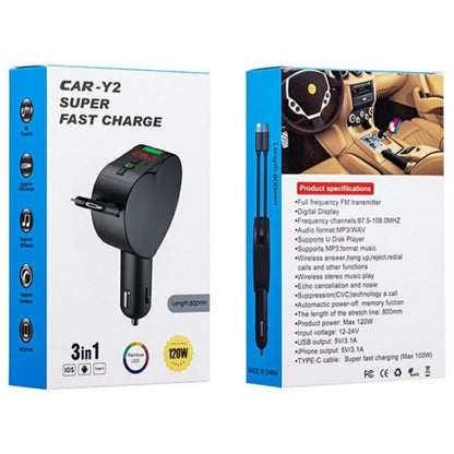 Y2 With Type-C Retractable Cables Car Bluetooth MP3 Player Hands-Free Call Adapter - Bluetooth Car Kits by buy2fix | Online Shopping UK | buy2fix