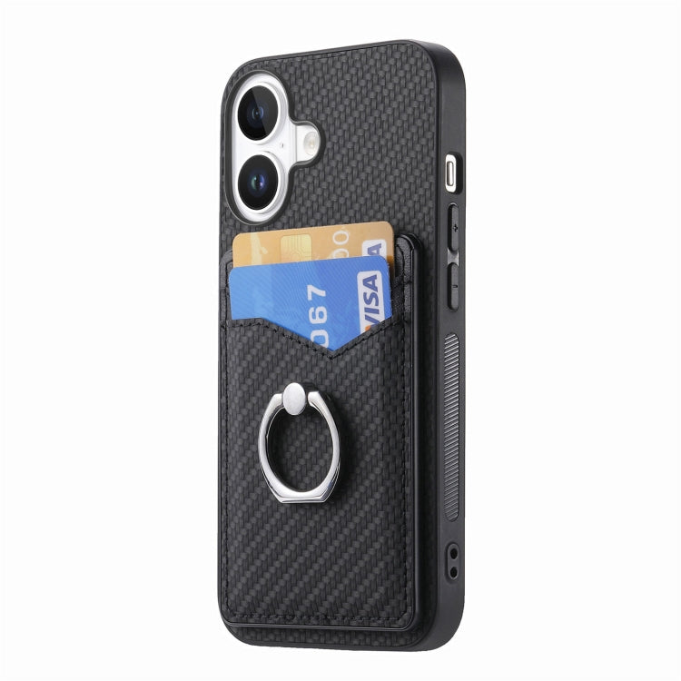 For iPhone 16 Plus Carbon Fiber Card Wallet Ring Phone Case(Black) by buy2fix