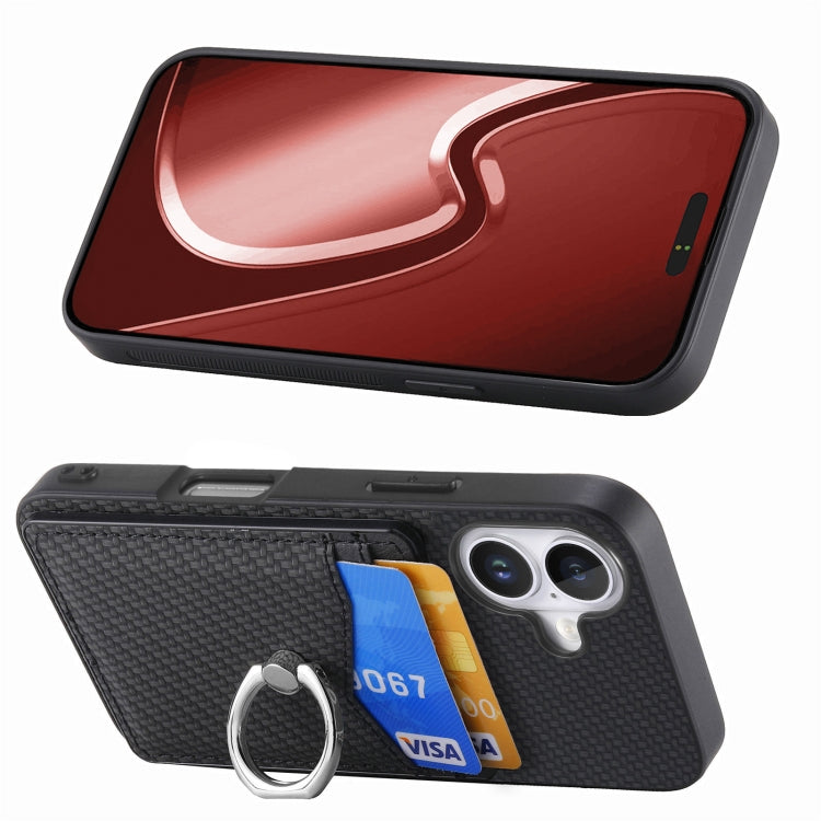For iPhone 16 Plus Carbon Fiber Card Wallet Ring Phone Case(Black) by buy2fix