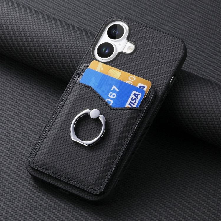 For iPhone 16 Plus Carbon Fiber Card Wallet Ring Phone Case(Black) by buy2fix