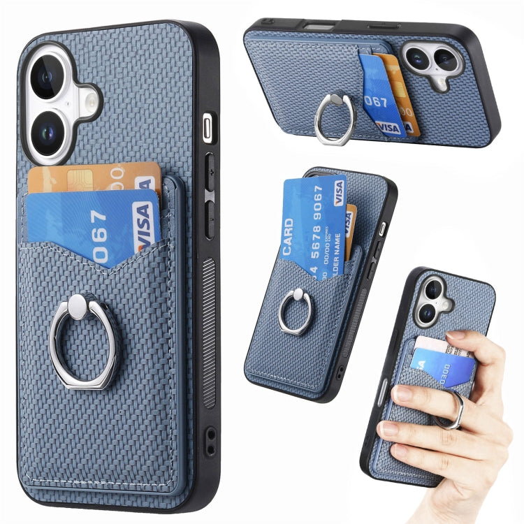 For iPhone 16 Plus Carbon Fiber Card Wallet Ring Phone Case(Blue) by buy2fix