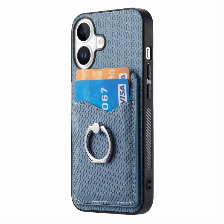 For iPhone 16 Plus Carbon Fiber Card Wallet Ring Phone Case(Blue) by buy2fix
