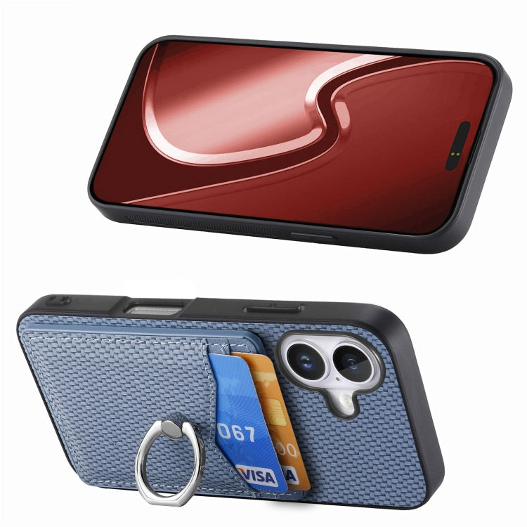 For iPhone 16 Plus Carbon Fiber Card Wallet Ring Phone Case(Blue) by buy2fix