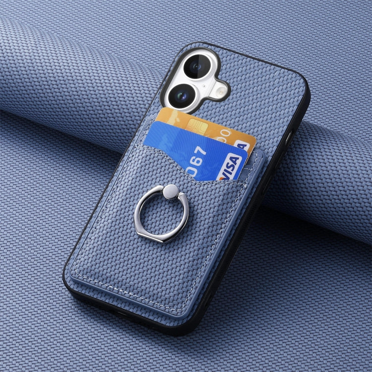 For iPhone 16 Plus Carbon Fiber Card Wallet Ring Phone Case(Blue) by buy2fix