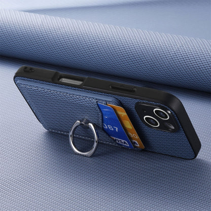 For iPhone 16 Plus Carbon Fiber Card Wallet Ring Phone Case(Blue) by buy2fix