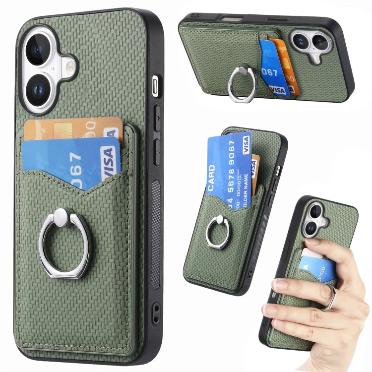For iPhone 16 Plus Carbon Fiber Card Wallet Ring Phone Case(Green) by buy2fix