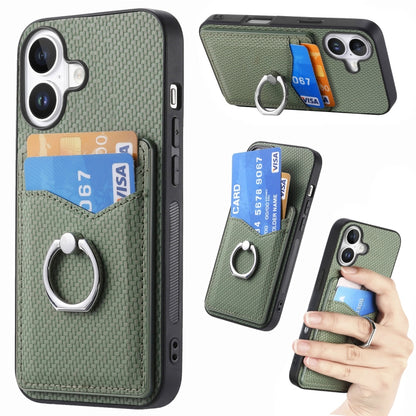For iPhone 16 Plus Carbon Fiber Card Wallet Ring Phone Case(Green) by buy2fix